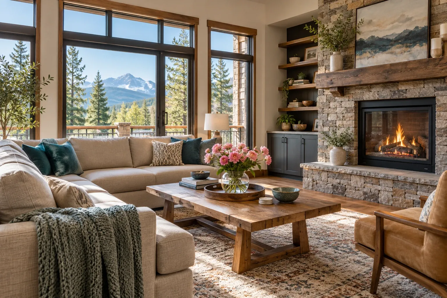 Freshly cleaned mountain-view living room with a stone fireplace